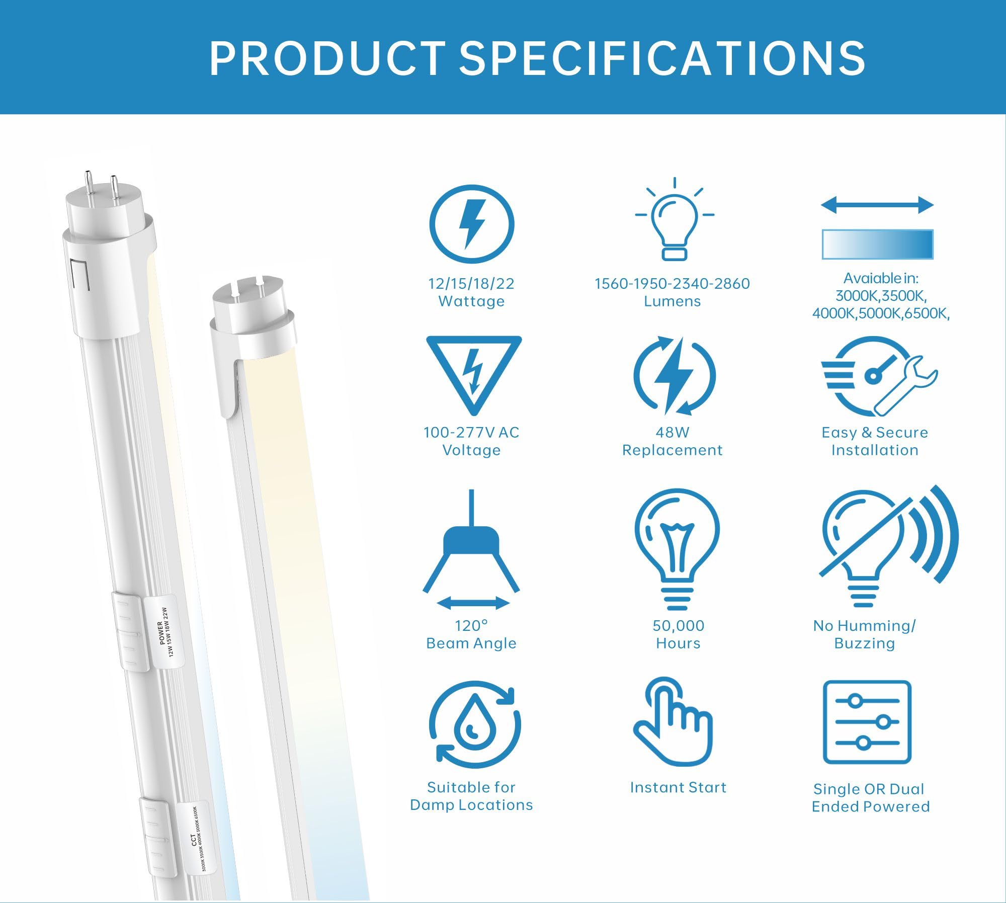 4FT T8 LED Tube Light, Type A+B, 12W/15W/18W/22W, 3000K |3500K
